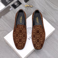 Versace luxury slip-on shoes in brown with repeating Greek key pattern, black lining.