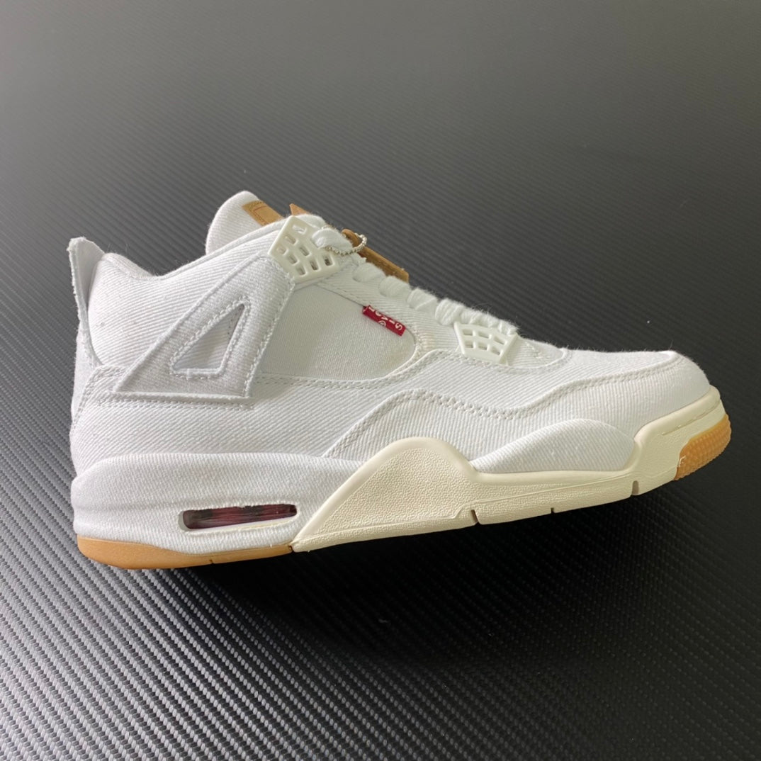 White high-top sneakers with gum sole and red accent window detail