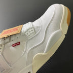 White high-top sneakers with textured side panels, lace-up front, cream/gum sole