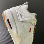 White high-top sneakers with side cutout, red emblem on strap, gum sole