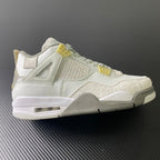 Mid-top sneaker in off-white leather with beige suede panels and yellow lace straps