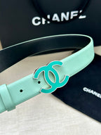 Mint Chanel belt close-up: turquoise CC buckle with silver-toned frame and holes.