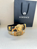 Versace belt with dark blue baroque print strap and gold-toned Medusa buckle