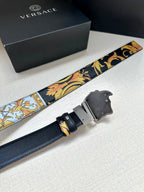 Versace belt with dark blue strap, baroque print accents, and silver-toned buckle