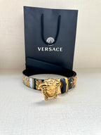 Versace belt with dark blue baroque pattern strap and gold-toned Medusa buckle