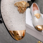 Luxury Versace loafer upper with white rhinestones and ornate gold crest emblem