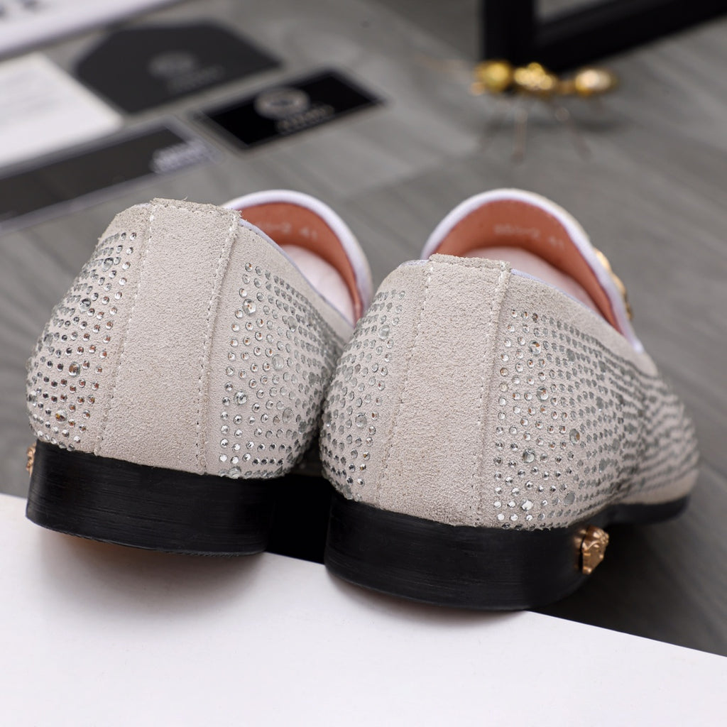 Luxury Versace loafers, white sparkle uppers with black heel and metallic toe tips