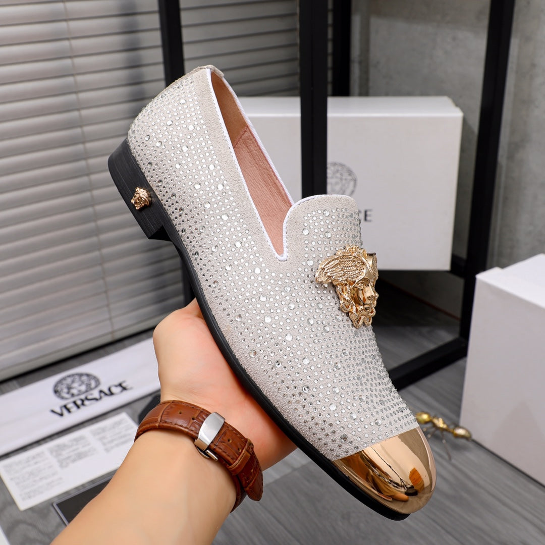 Luxury Versace loafers, white sparkle upper with gold crest on front and dark heel