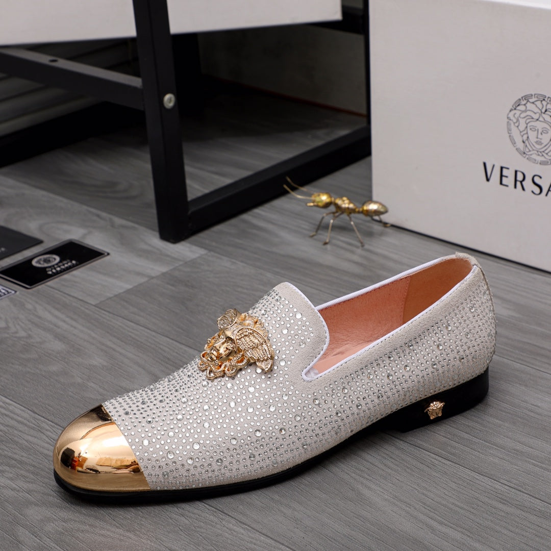 Luxury Versace loafers, white rhinestone texture with gold medallion and metallic toe
