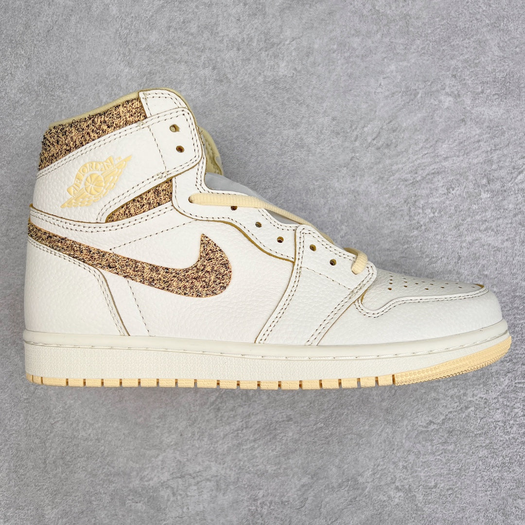 White and tan high-top sneaker with brown speckled overlays and lace-up front.
