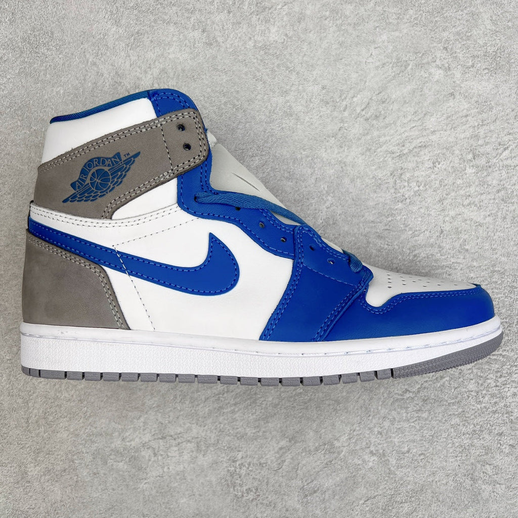 High-top sneakers with white, blue, and gray panels and a blue Swoosh logo