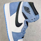 High-top sneaker side panel with Air Jordan Wings logo and blue suede