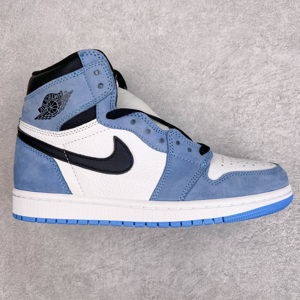 Blue and white high-top sneakers with black Swoosh and lace-up front