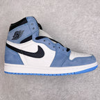 Blue and white high-top sneakers with black Swoosh and lace-up front
