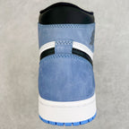 High-top sneaker heel with blue suede upper, white midsole, and black collar trim