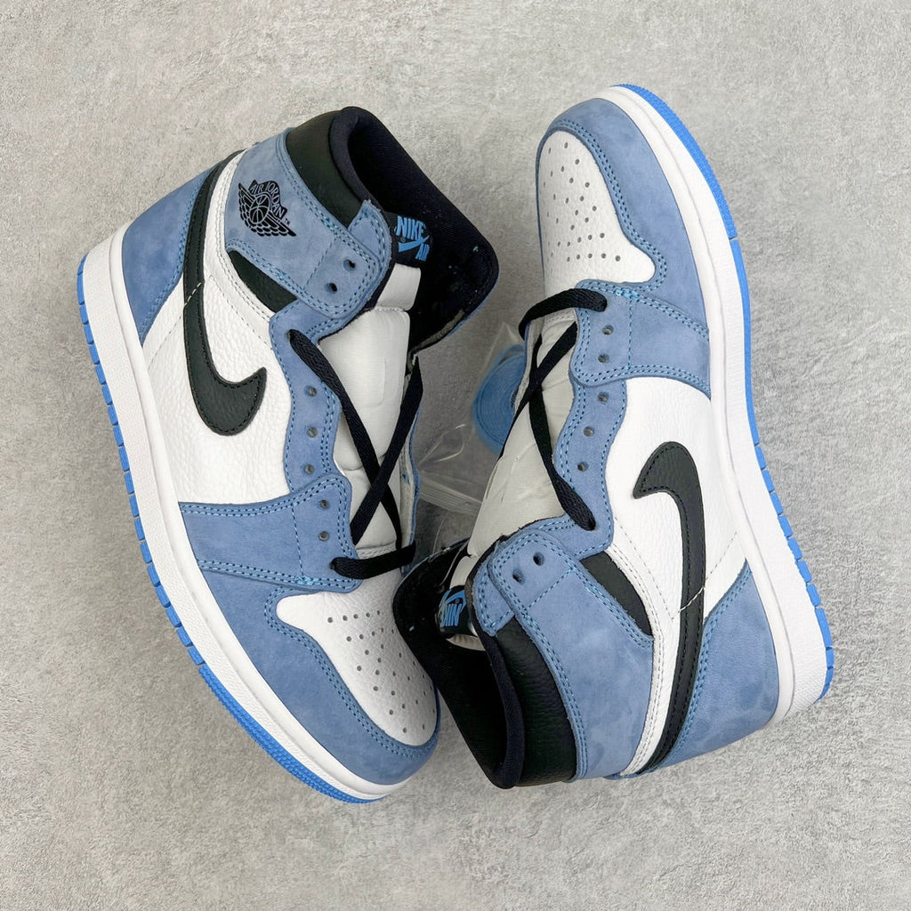 Blue and white Air Jordan 1 high-top sneakers with black Swoosh overlays