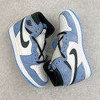 Blue and white Air Jordan 1 high-top sneakers with black Swoosh overlays