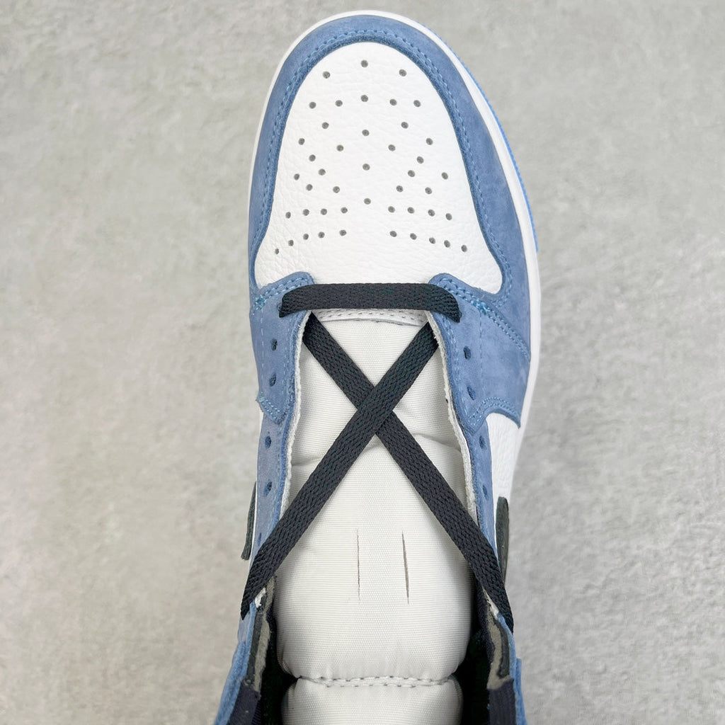 High-top toe box with perforations, blue collar, and black lace cross