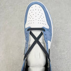 High-top toe box with perforations, blue collar, and black lace cross