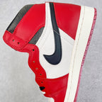 High-top sneaker quarter view with red leather, black swoosh, and white midsole