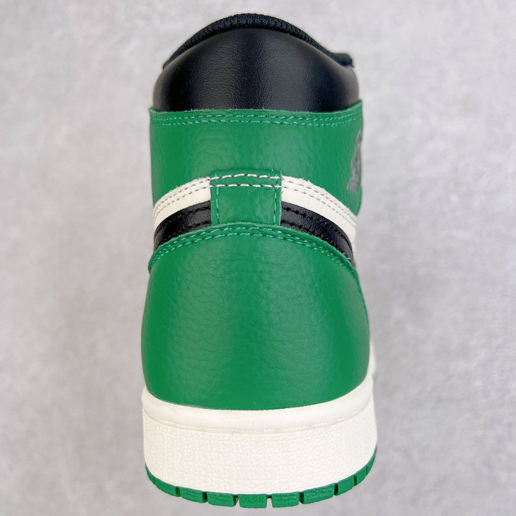 High-top sneaker heel with green leather, white midsole, and black collar lining