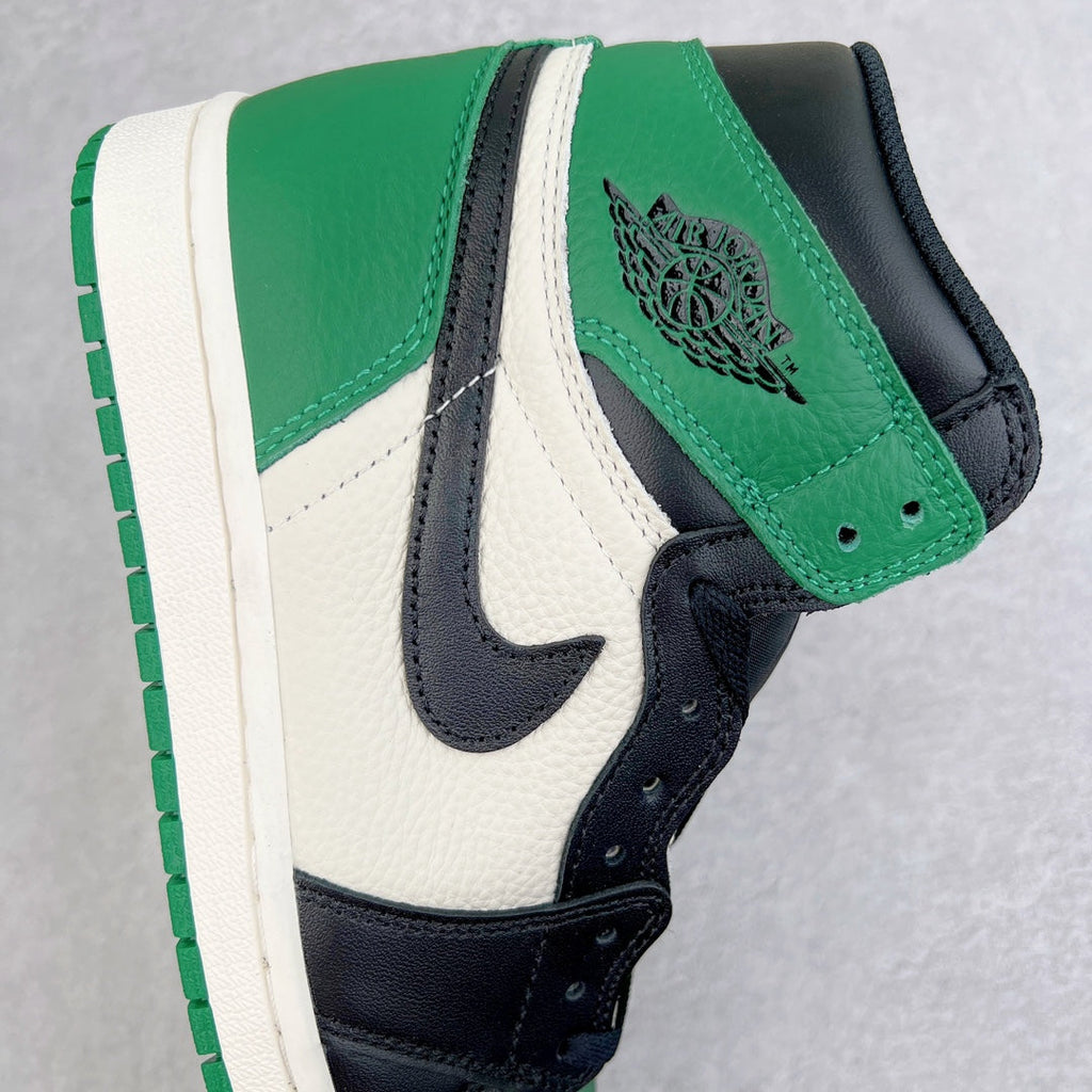High-top sneaker quarter panel with green strap and black emblem over white and black leather