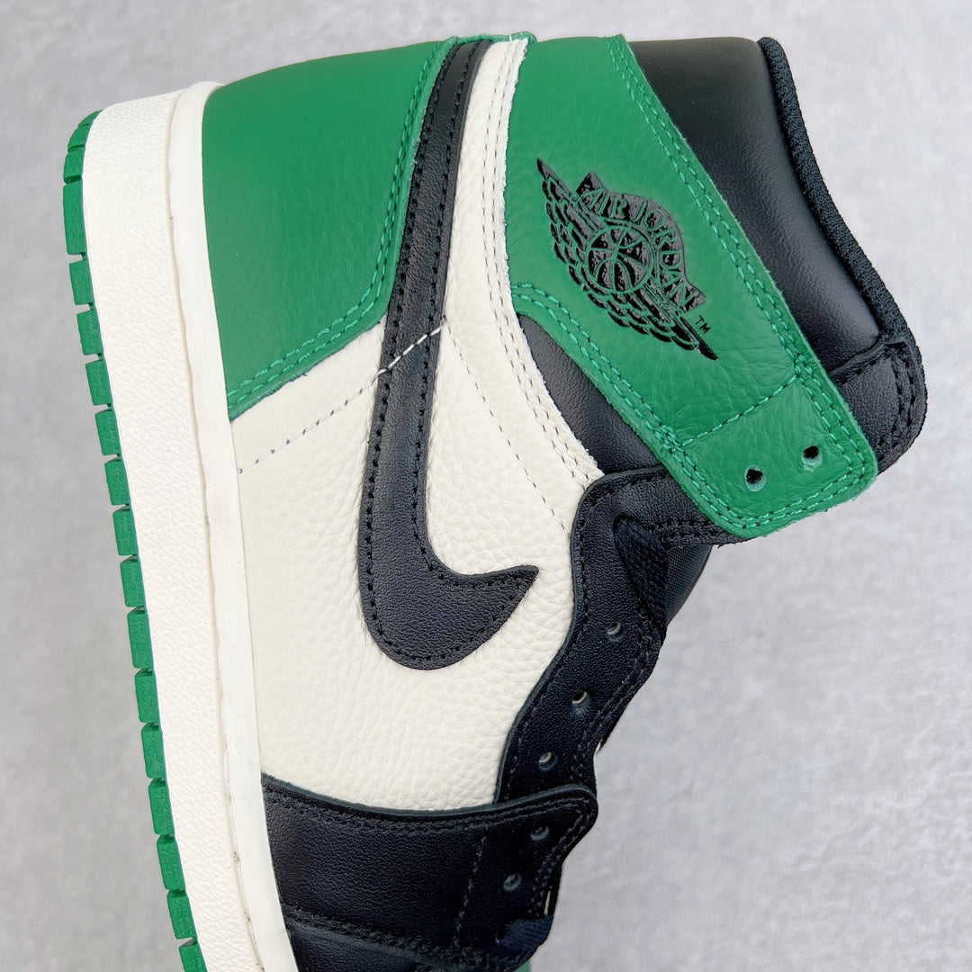 High-top sneaker quarter panel with green strap and black emblem over white and black leather