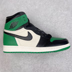High-top sneakers in white, black, and green with Swoosh and green toe guard