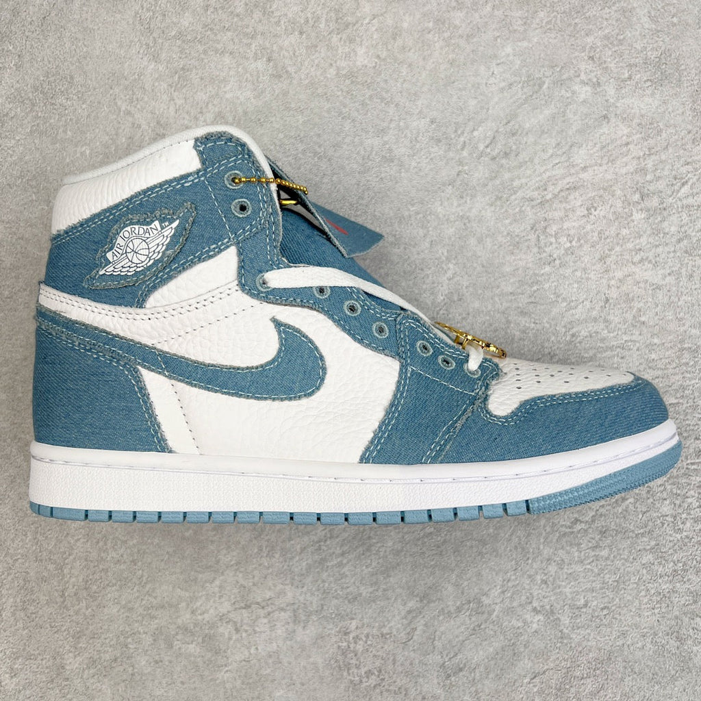 Denim blue and white high-top sneakers with swoosh, lace-up front, gold charm details