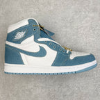 Denim blue and white high-top sneakers with swoosh, lace-up front, gold charm details