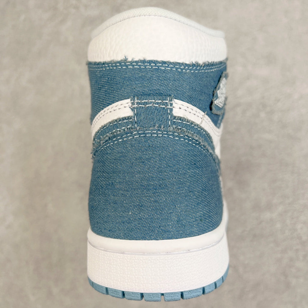 Denim blue and white high-top sneaker heel with white collar and stitched heel panel