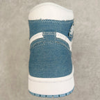 Denim blue and white high-top sneaker heel with white collar and stitched heel panel