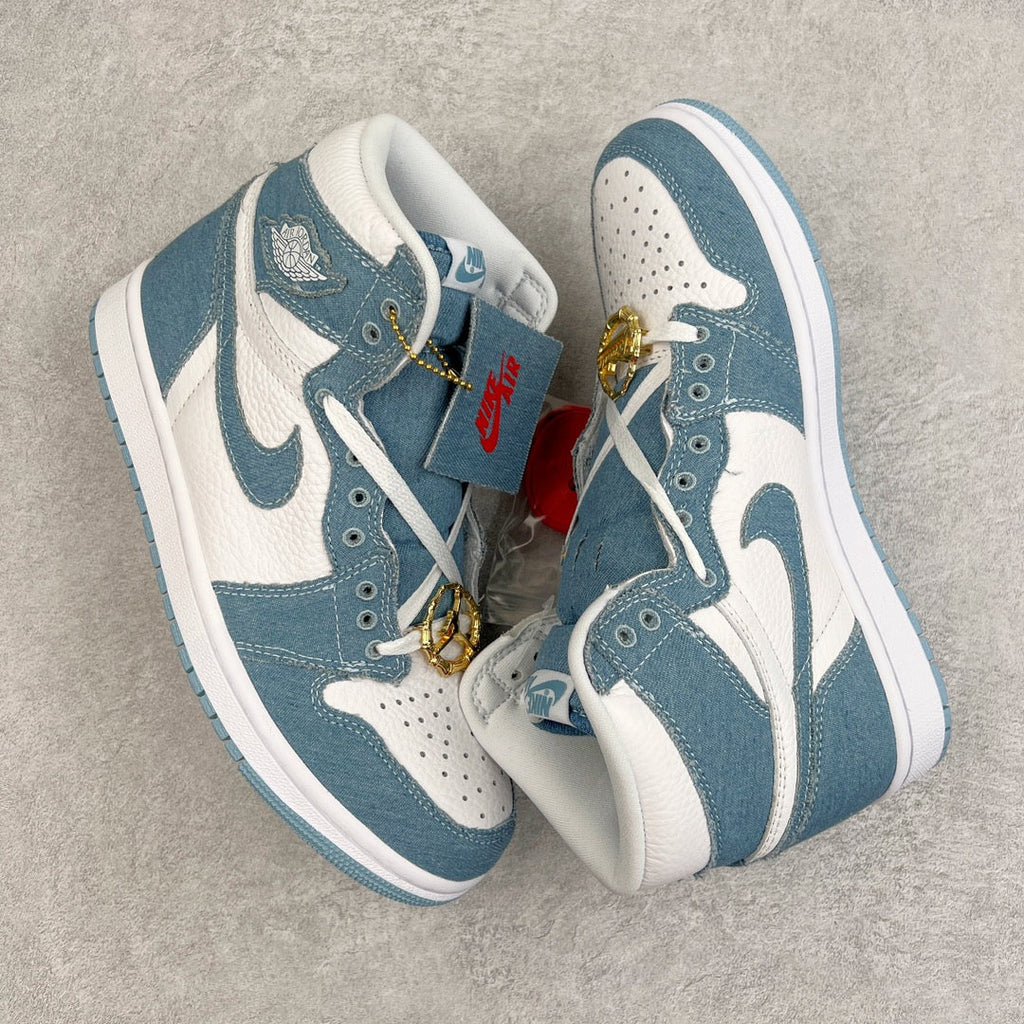 Denim blue and white high-top sneakers with gold lace charms and perforated toe panels