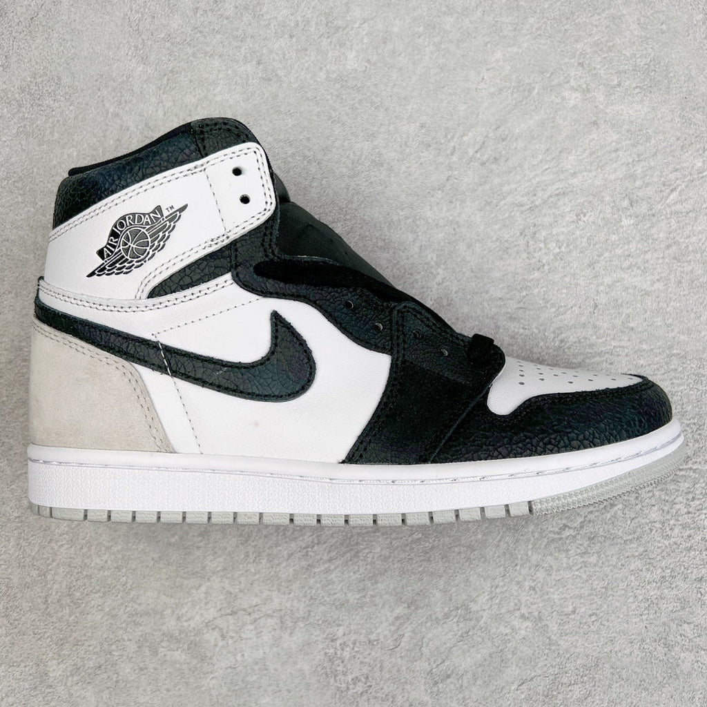 High-top sneakers with white leather panels and black leather overlays, dark green accents