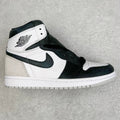 High-top sneakers with white leather panels and black leather overlays, dark green accents