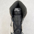 High-top sneaker heel with Nike Air tag, padded black collar, and cream upper.