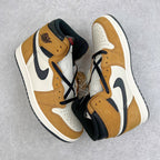 Pair of high-top sneakers in tan and white with navy swoosh and cross-lace detail.