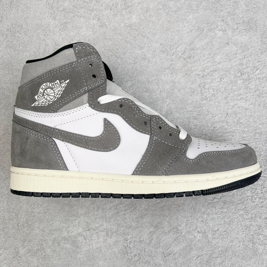 High-top sneakers with white and smoke gray panels, gray swoosh, black outsole.