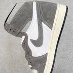 High-top sneakers side view with white swoosh, smoke gray suede, cream midsole.
