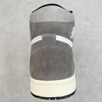 High-top sneaker back view with smoke gray suede, white midsole, black outsole edge.