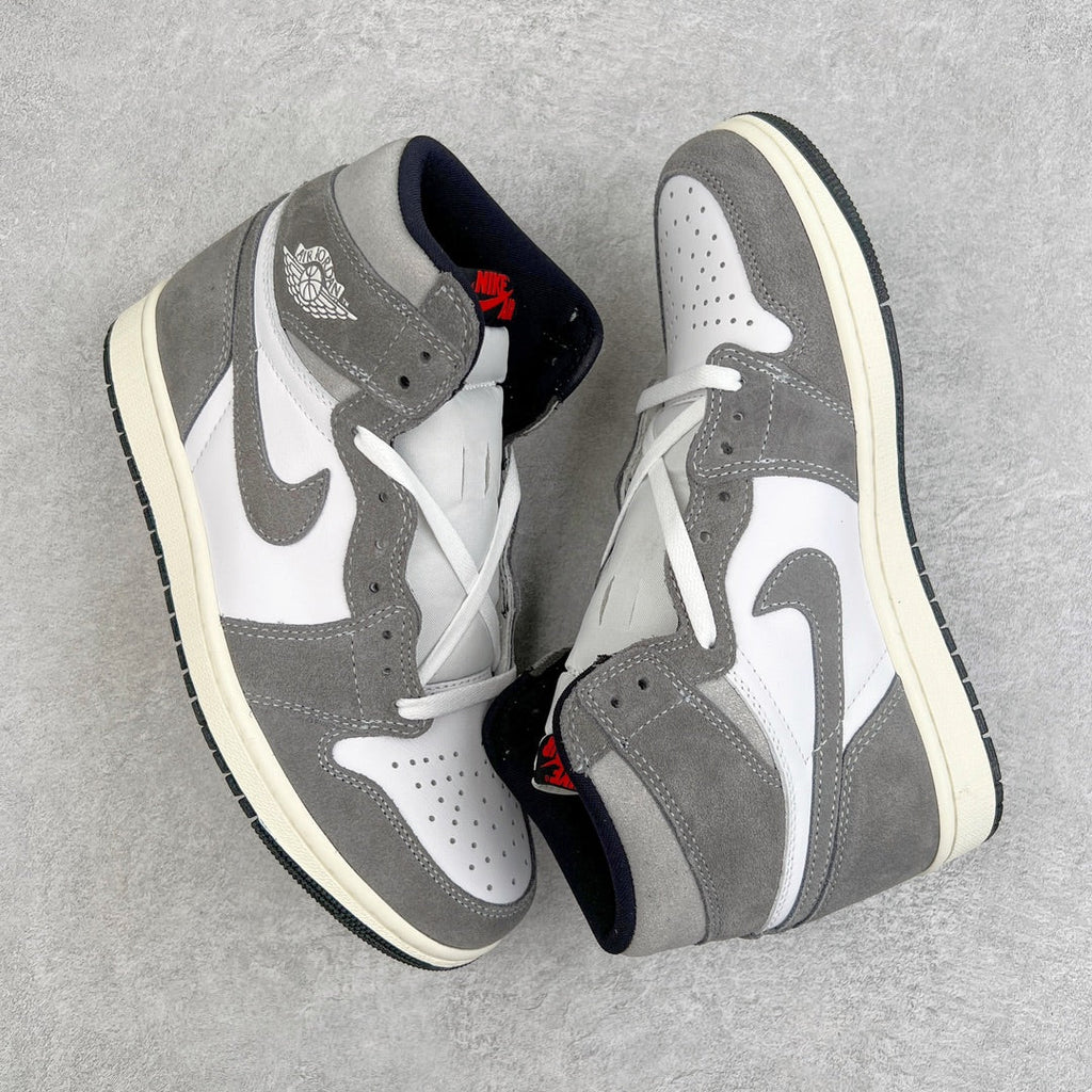 Pair of high-top sneakers in white and smoke gray with gray swoosh and cream midsoles.