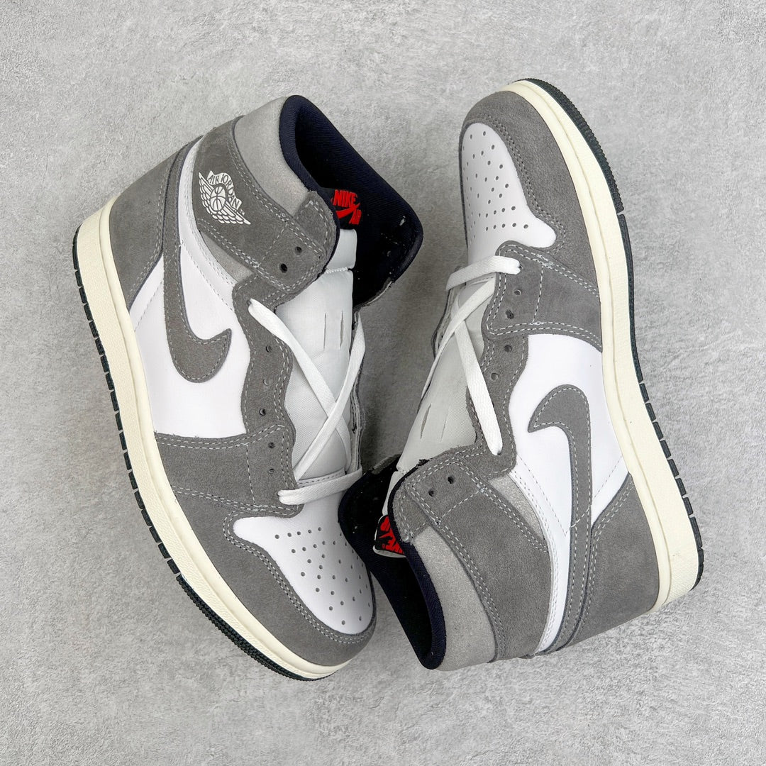 Pair of high-top sneakers in white and smoke gray with gray swoosh and cream midsoles.