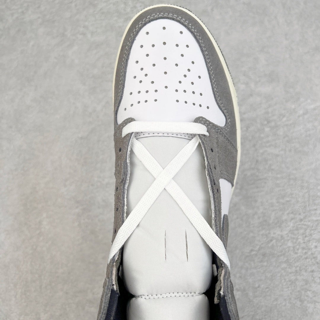 High-top sneaker toe with perforations, white laces, white and smoke gray panels.