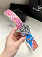 Versace belt with pink, blue floral print and silver lion buckle