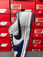 Low-top sneakers, light gray leather with navy Swoosh and white midsole, lace-up.