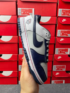 Low-top sneakers, light gray upper with navy Swoosh, perforated toe, white laces.