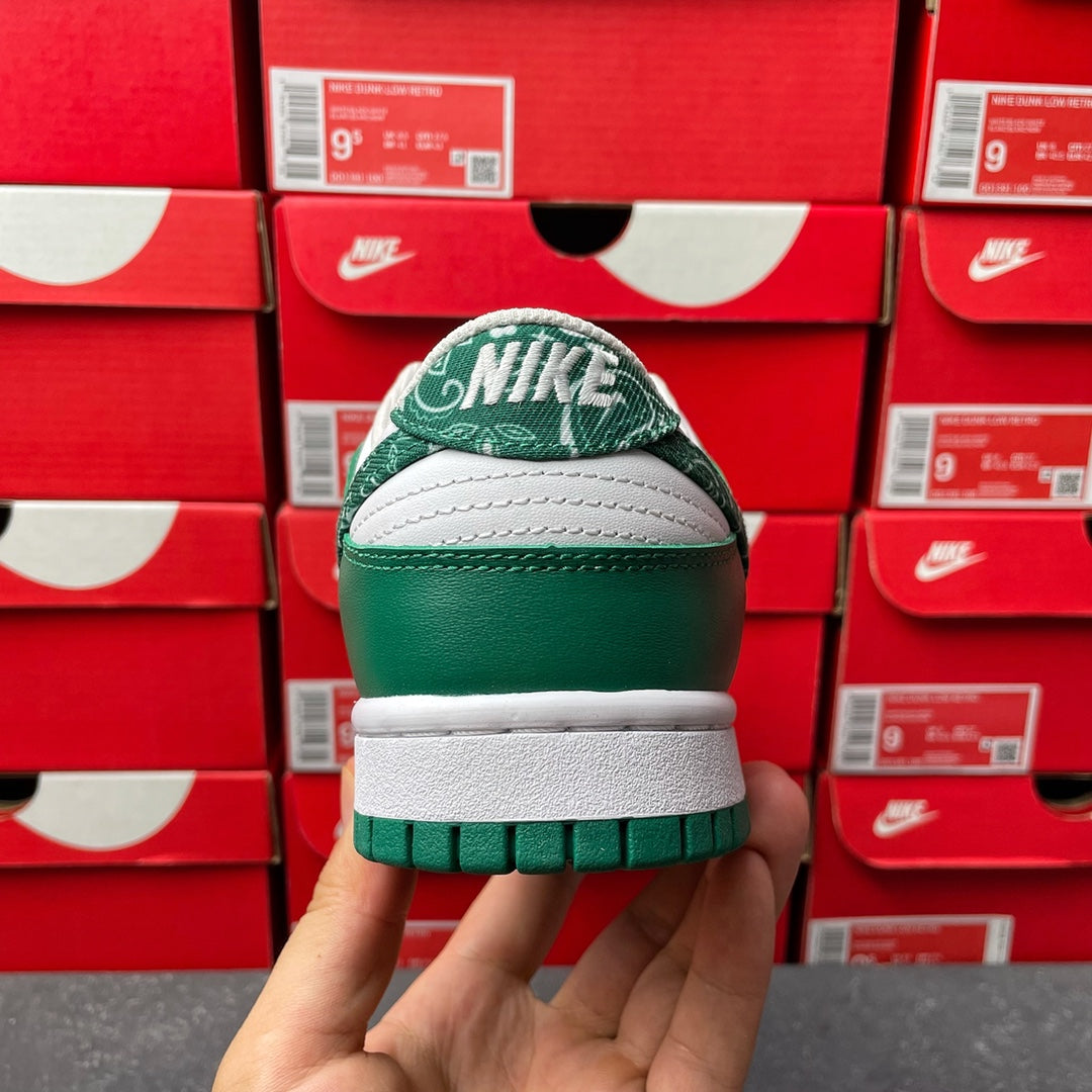 Nike Dunk Low heel view with green leather, white sole, and green stitched logo