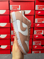 Brown and white high-cut sneakers with Nike swoosh, side view on white sole