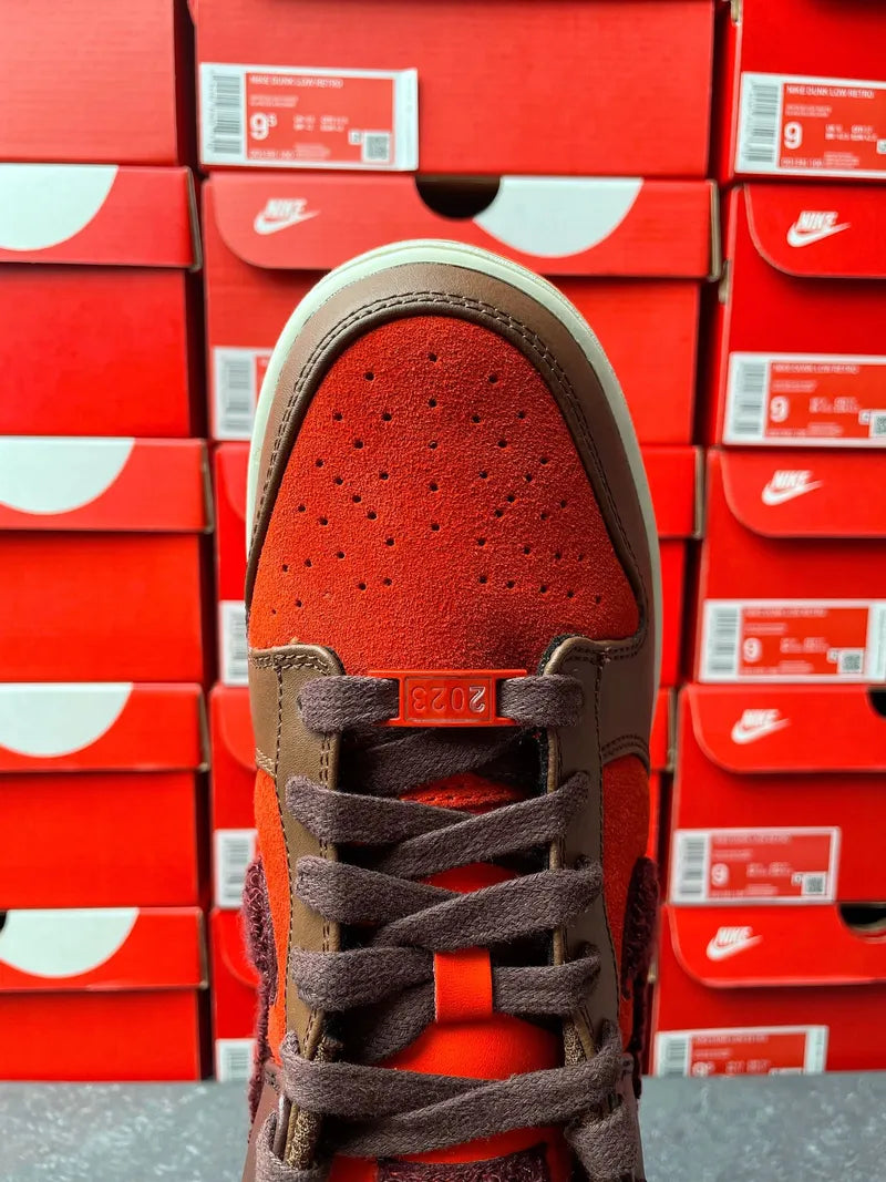 Nike Dunk Low sneaker toe view with perforations, red suede, and brown laces.