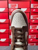 Low-top sneaker toe view with perforated white panel and brown lace-up